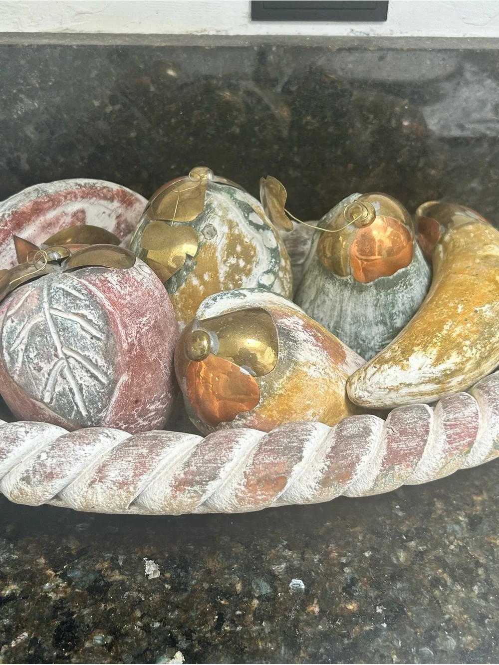 Vintage Handmade Terracotta Rope Bowl & Mixed Media Brass Fruit Set - 7 Pc